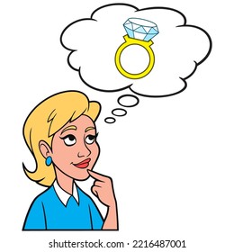 Girl thinking about a Wedding Ring - A cartoon illustration of a Girl thinking about buying a Wedding Ring.