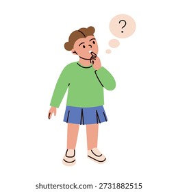 Menina pensando e fazendo pergunta com bolha de fala e símbolo de ponto de interrogação. Ilustração vetorial de desenho animado plano sobre curiosidade, aprendizagem e reflexão, conceito amigável para crianças para temas de educação