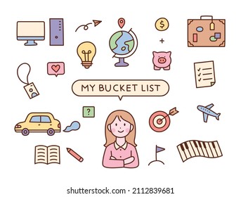 A girl is thinking of a bucket list. There are many icons floating around the girl. flat design style vector illustration.