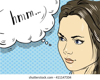 Girl thinking in doubt. Vector pop art comic style illustration
