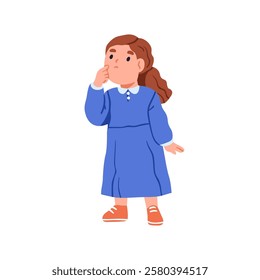 Girl thinking, doubting with puzzled worried face expression. Confused lost doubtful troubled child wondering. Uncertain thoughtful emotion. Flat vector illustration isolated on white background