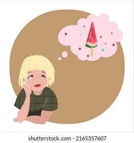 Girl thinking and dreaming. Mind behavior, mental mindset, imaginative thinking concept. 3d vector people character illustration. Cartoon character. Summer time.