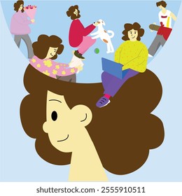 Girl Thinking and Dreaming Vector Flat character design illustration