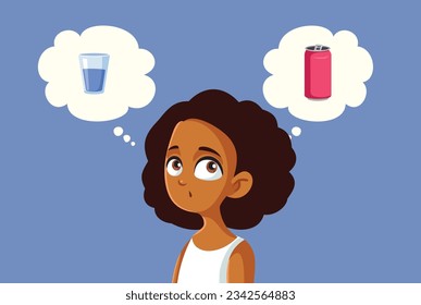 
Girl Thinking to Drink Either Water of Soda Vector Cartoon Illustration. Funny teen choosing between healthy and unhealthy beverages
