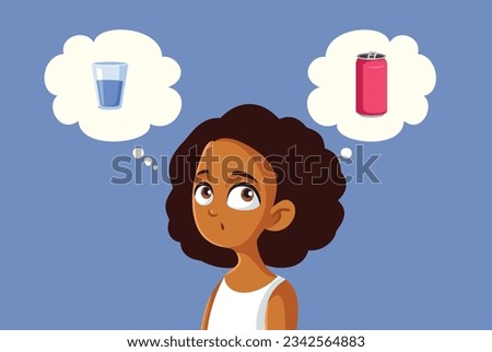 
Girl Thinking to Drink Either Water of Soda Vector Cartoon Illustration. Funny teen choosing between healthy and unhealthy beverages
