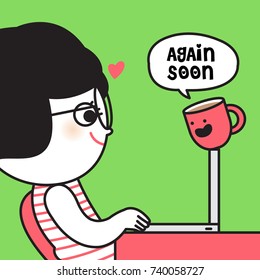 Girl Thinking Of Drinking Coffee Again Soon Concept Of The Best Motivation On Monday Card Character illustration