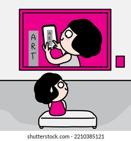 Girl With Thinking Face Looking At Image Frame Of Herself Taking Photo Of Art Piece Hanging On Museum Wall. Art Gallery, Museum Exhibition Concept Card Character Illustration