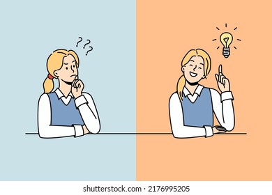 Girl thinking and finding answer. Female student confused looking for answers and creating solution. Innovation and problem solution. Vector illustration.  - Shutterstock ID 2176995205
