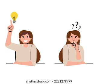 Girl thinking and finding answer. Female student confused looking for answers and creating solution. Innovation and problem solution. Vector illustration.