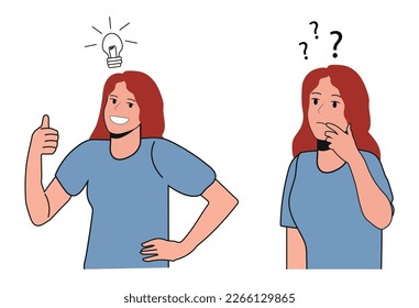 Muchacha pensando y encontrando respuesta. Estudiante mujer confundida buscando respuestas y creando solución. Innovación y solución de problemas. Ilustración vectorial.