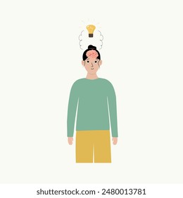 girl thinking hard, brain and light bulb on top, an idea came