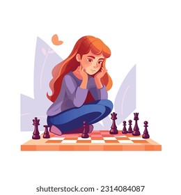 Girl thinking and playing chess 2 illustration
