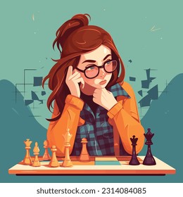 Girl thinking and playing chess illustration