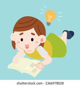 The girl thinking and reading a book in flat vector style. Illustration about education for background, graphic,content , banner, sticker label and greeting card.