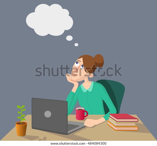 女の子は考えて机に向かってノートパソコンと本を持って座っている。ベクターイラスト。
