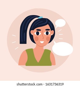 Girl is thinking. Girl talking something. Cartoon vector girl. Handdrawn illustration.
