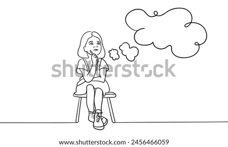 Girl thinking while sitting on a chair continuous line art drawing isolated on white background. Childhood line art drawing. Vector illustration