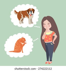 Girl thinking whom to choose. Cat or dog. Vector flat illustration