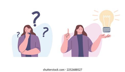 Girl thinking, woman brainstorming or reflective person. Student inspired, female trouble solving. Think, worry and have question kicky vector scene