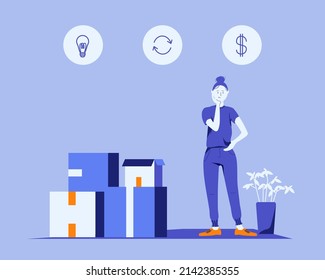 
a girl thinks about a business idea, boxes with goods, money and exchange light bulb icons