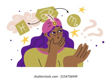 Girl thinks about the compatibility of the signs of the zodiac. Astrology and business. Drawing up a horoscope according to the natal chart. Consultation of clients. Flat style in vector illustration.
