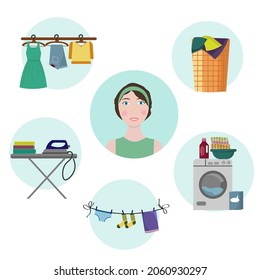 The girl thinks about housework. Washing dirty clothes is a daily routine. Vector illustration with items for washing - washing machine, laundry in a basket, iron and hangers with clean clothes. For