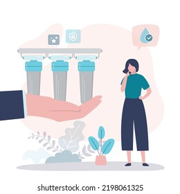 Girl Thinks About Installing Water Filter In Kitchen. Seller Advises Woman To Install Water Purification System. Hand Holds Liquid Filtration Equipment. Pure Aqua After Filtering. Vector Illustration