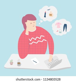 Girl thinks about purchasing through the internet. Cartoon and Illustration vector