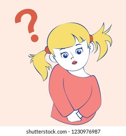 Girl thinks doubts. Confident in actions the answer. Cartoon vector illustration.