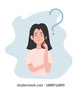 The girl thinks with the question mark above. Isolated on a white background. Vector illustration in flat style