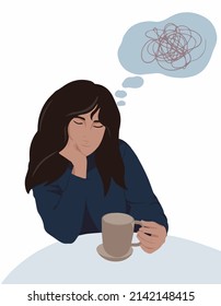 The girl thinks sitting in a cafe