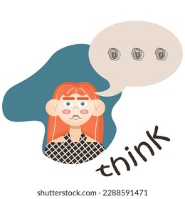 The girl thinks, thoughts in her head, vector image, clipart, sketch, sticker, banner, postcard.