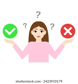 La chica piensa qué elegir. Difícil elección. Hombros y armas levantadas
