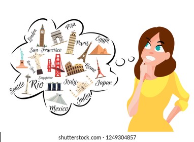 The girl thinks where to go on a trip.The woman chooses the town for a vacation.