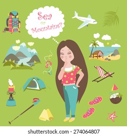 Girl thinks where to go on the sea or mountains. Vector flat illustration