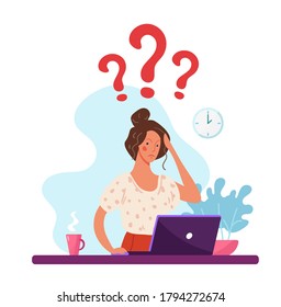 The girl thinks, the woman works at the computer, question marks. Concept illustration about the complexities of learning, problems at work. Flat vector illustration