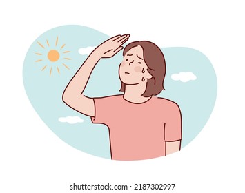girl thirsty from heat of the summer sun.boy feels so thirsty because of hot weather. Hand drawn style vector design illustrations.