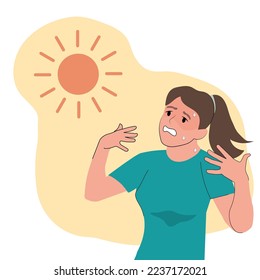 niña sedienta del calor del sol de verano. la mujer se siente tan sedienta debido al clima caluroso. Ilustraciones de diseño vectorial de estilo dibujado a mano.