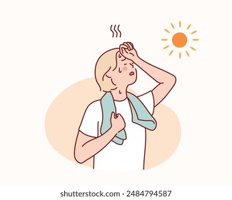 girl thirsty from heat of the summer sun. girl feels so thirsty because of hot weather. Hand drawn style vector design illustrations.