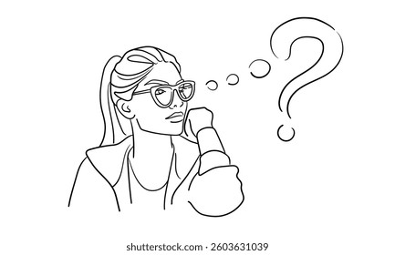 Girl thought, reflections, analysis. Girl narcissist, admires himself with glasses on white background. Girl model line art drawing. Vector illustration