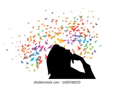 Girl thought silhouette. Thoughts are like flying birds. Vector illustration