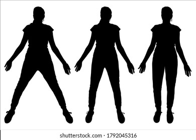 Chica. Tres siluetas negras femeninas sobre un fondo blanco. Actividades deportivas Tres poses. Las piernas juntas, ligeramente separadas. Las manos están levemente levantadas. Vista frontal, cara completa. Vector.