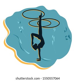 Girl with three hoops does a handstand - vector. Active lifestyle. Sport Club.