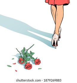 The girl threw the flowers away. Women legs in heels and a bouquet of red roses on the floor. Vector pop art illustration.