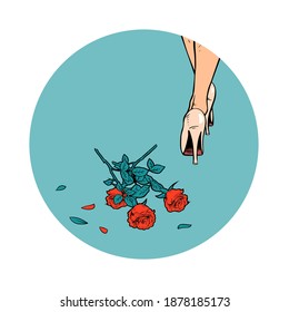 The girl threw the flowers away. Women's legs in heels and a bouquet of red roses on the floor. Vector pop art illustration on a white background.