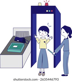 Una chica a través de la puerta de seguridad a su cuerpo en el aeropuerto. 