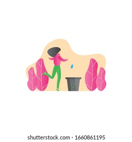 girl throw garbage in trash illustration vector flat design character 