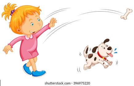 Girl throwing bone and dog catching it illustration