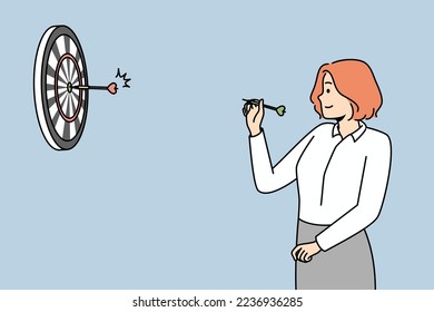 Girl throwing darts at target at wall. Businesswoman aiming arrow at round goal. Successful woman playing game. Strategy, marketing, challenge. Vector line art multicolored illustration.