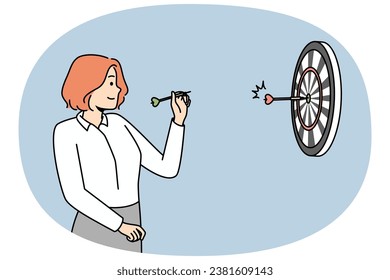 Girl throwing darts at target at wall. Businesswoman aiming arrow at round goal. Successful woman playing game. Strategy, marketing, challenge. Vector line art multicolored illustration.